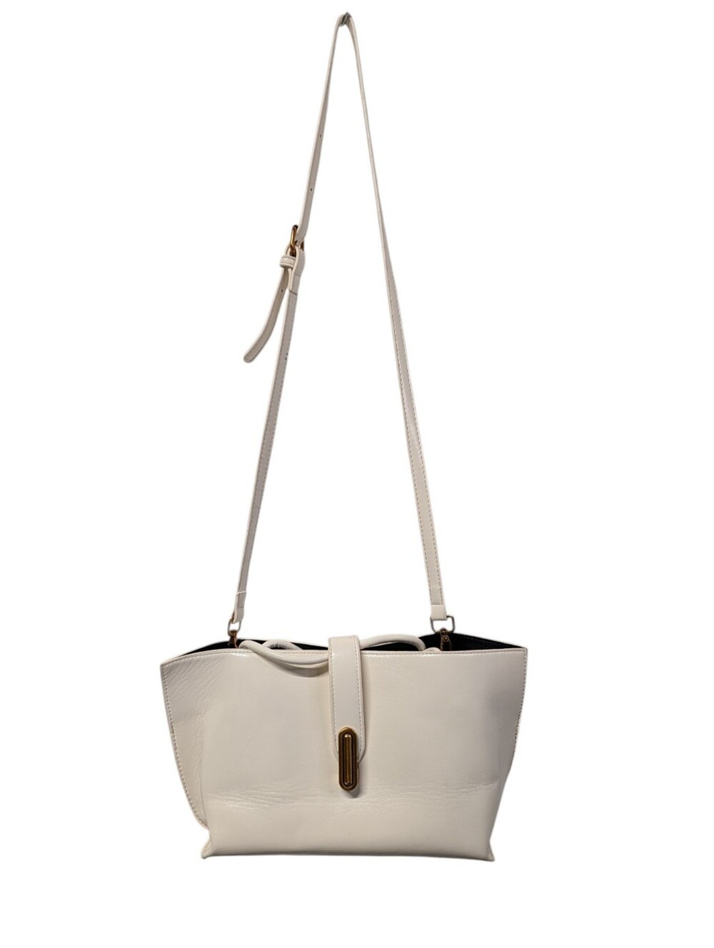 Cream White Structured Crossbody Tote Bag Antique Brass Hardware Zipper Pocket